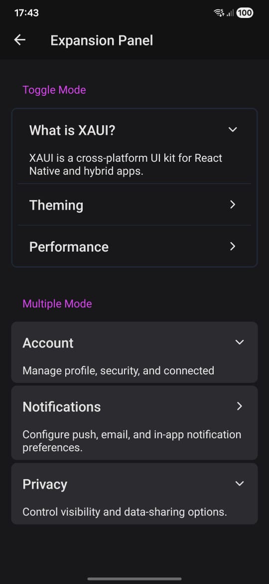 Expansion Panel preview dark mode
