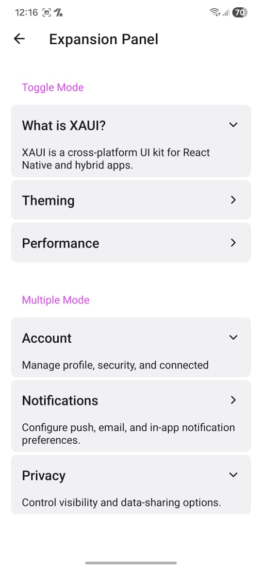 ExpansionPanel Splitted screenshot